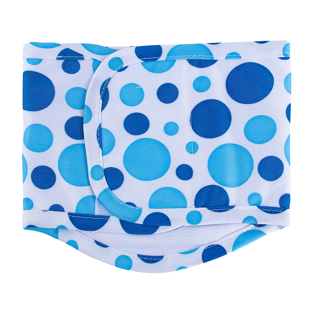 Reusable washable sanitary pants for male dogs with blue and white polka dots