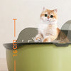 A fluffy orange cat sits inside a light green semi-enclosed litter box with high sides and a splash guard.