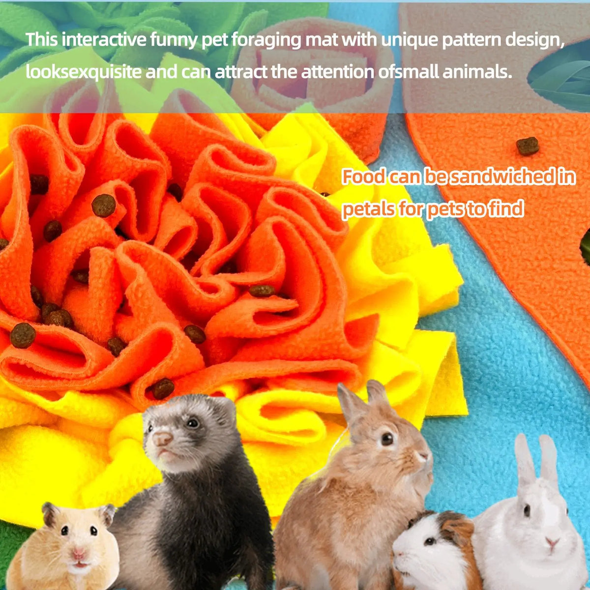 Orange Futtermatte für Haustiere mit einzigartigem Muster, umgeben von kleinen Kaninchen.