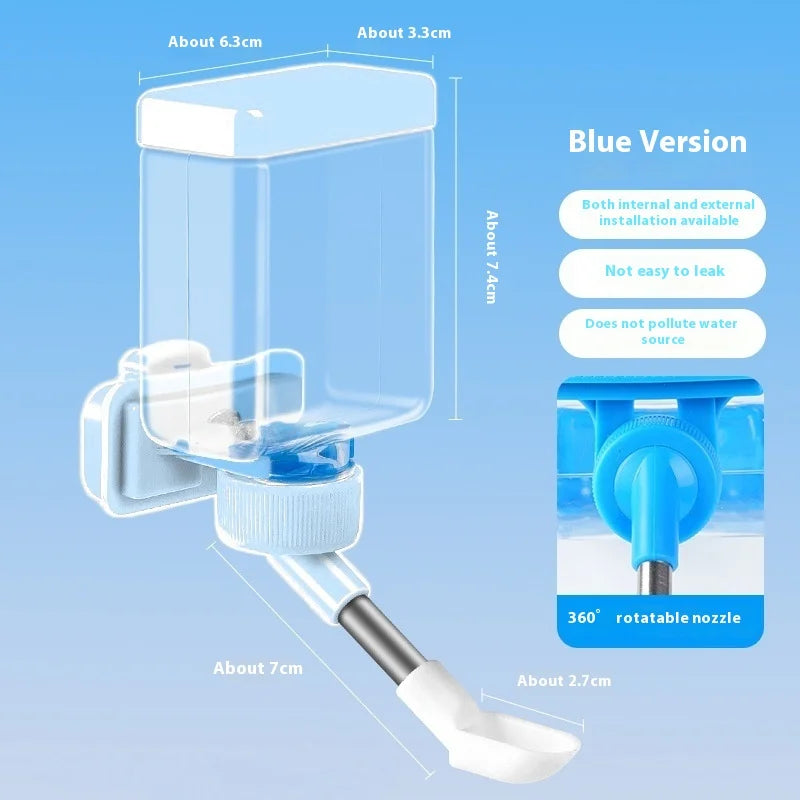 Distributeur d'eau automatique pour oiseaux, version bleue, avec cage transparente et buse rotative.