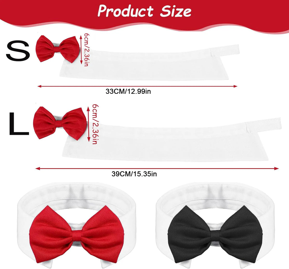 Product size chart showing small and large versions of a red bow tie collar for pets