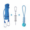 A set of blue cotton rope dog spring pole toys including a main toy and an accessory with a metal hook.