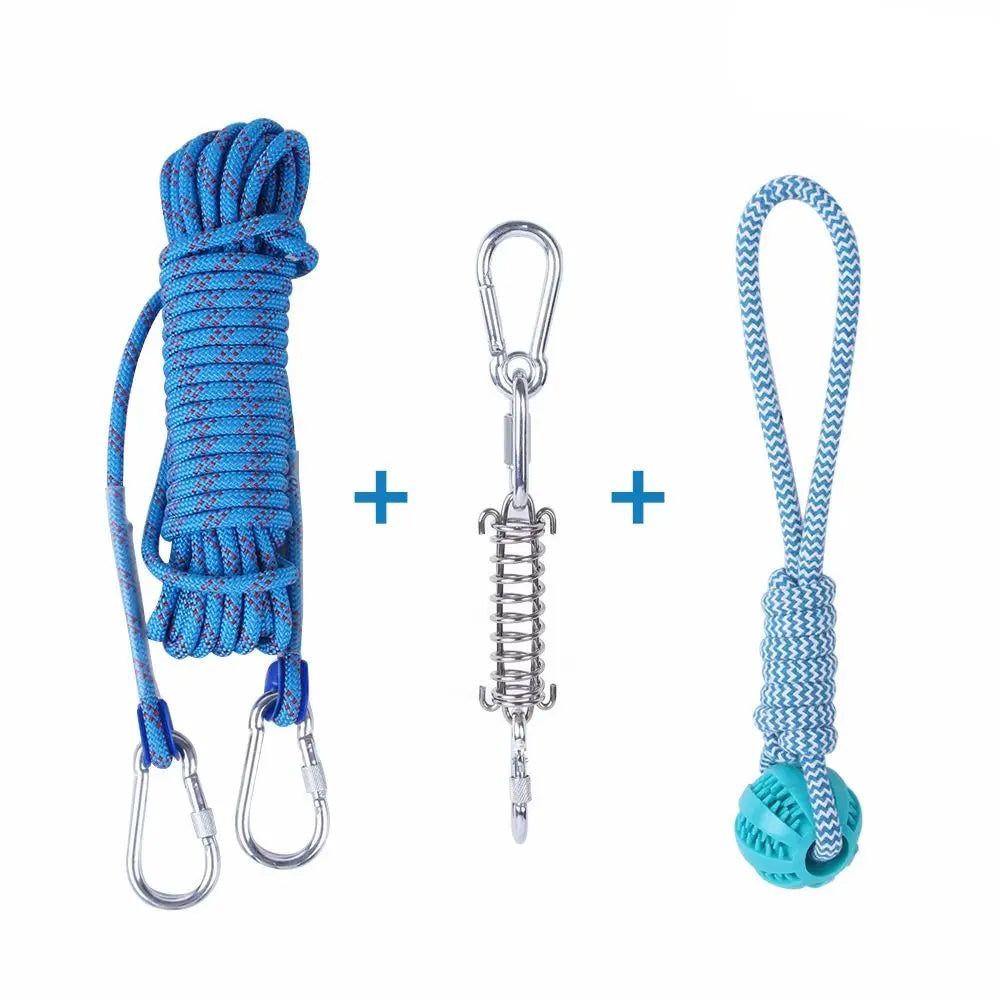 A set of blue cotton rope dog spring pole toys including a main toy and an accessory with a metal hook.
