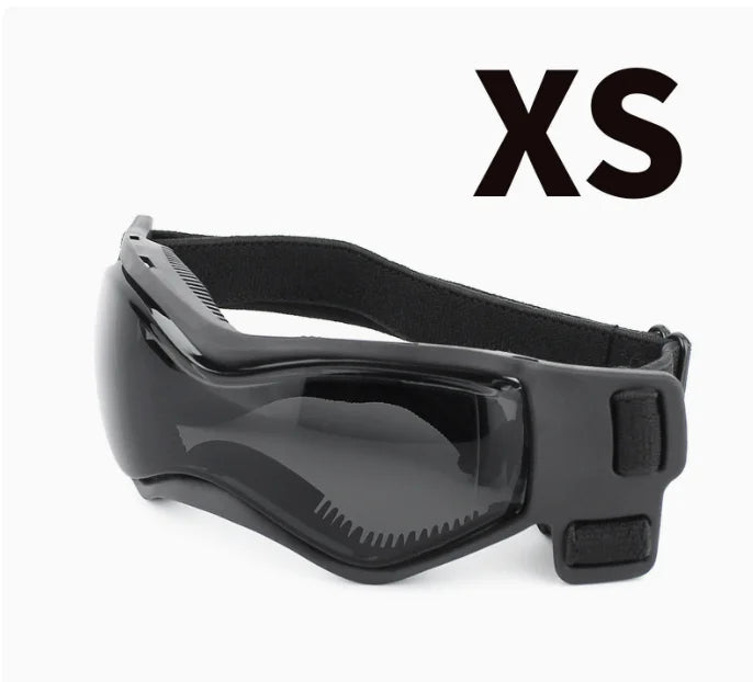 Black pet safety helmet and goggles set for dogs and cats shown from the side.