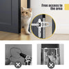 Close-up of an adjustable cat door latch with a stabilizer mechanism installed on a door frame.