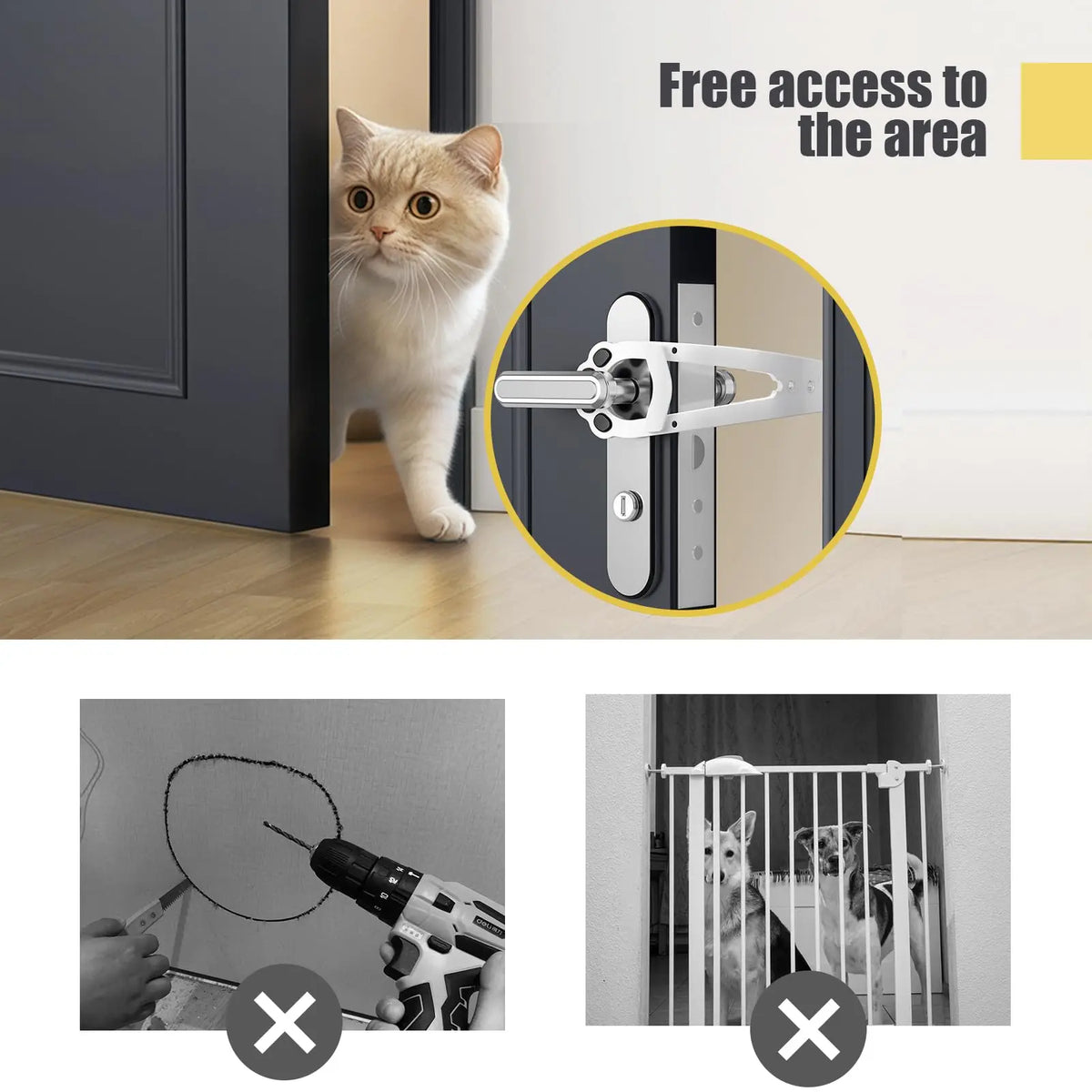 Close-up of an adjustable cat door latch with a stabilizer mechanism installed on a door frame.