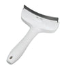 A white pet slicker brush tool with a curved metal comb for deshedding dogs and cats.