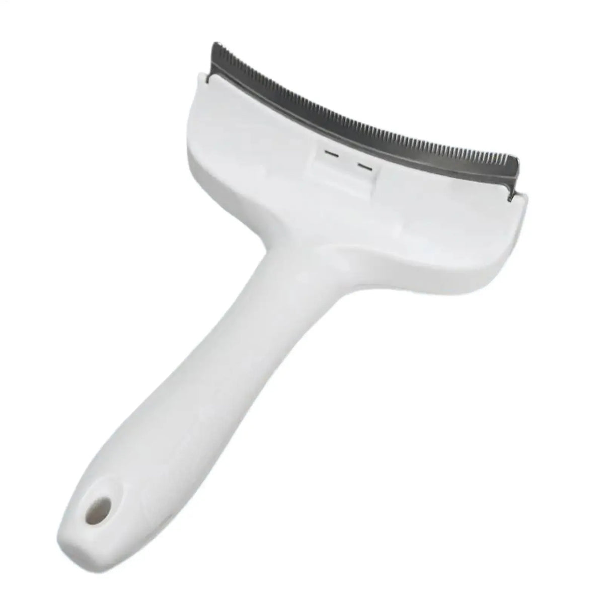 A white pet slicker brush tool with a curved metal comb for deshedding dogs and cats.