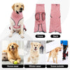 A dog wearing a pink fleece sweater is shown in front, back, home wear, winter wear, and snow outside.