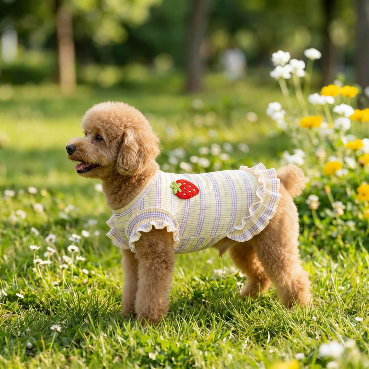A fluffy golden dog wearing a yellow gingham dress with strawberry embroidery in a grassy park.