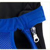 Close-up of a blue and black breathable mesh pet carrier backpack featuring a blue strap and silver zipper.