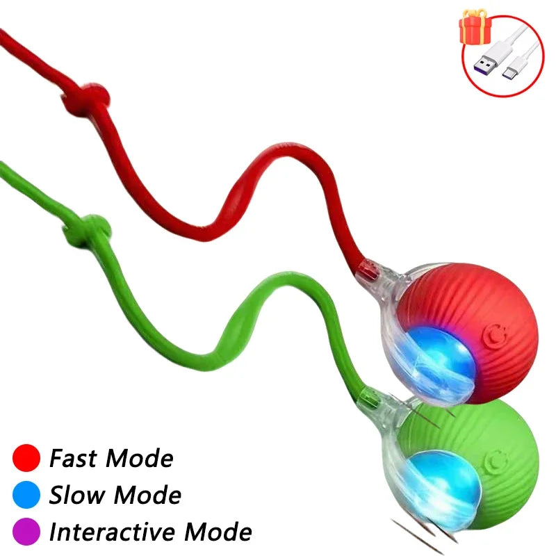 Roter, grüner und roter selbstbewegender Katzenspielball mit LED-Schwanz, der schnelle, langsame und interaktive Modi zeigt.