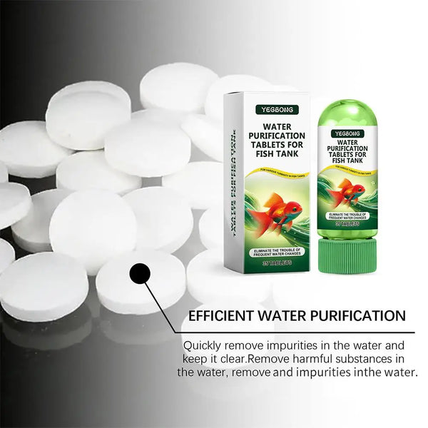Lot de comprimés de purification d'eau pour aquarium, avec des disques de mousse blanche et une boîte verte.