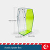 Clear acrylic spider box with a green interior and magnetic door, shown in a side view.