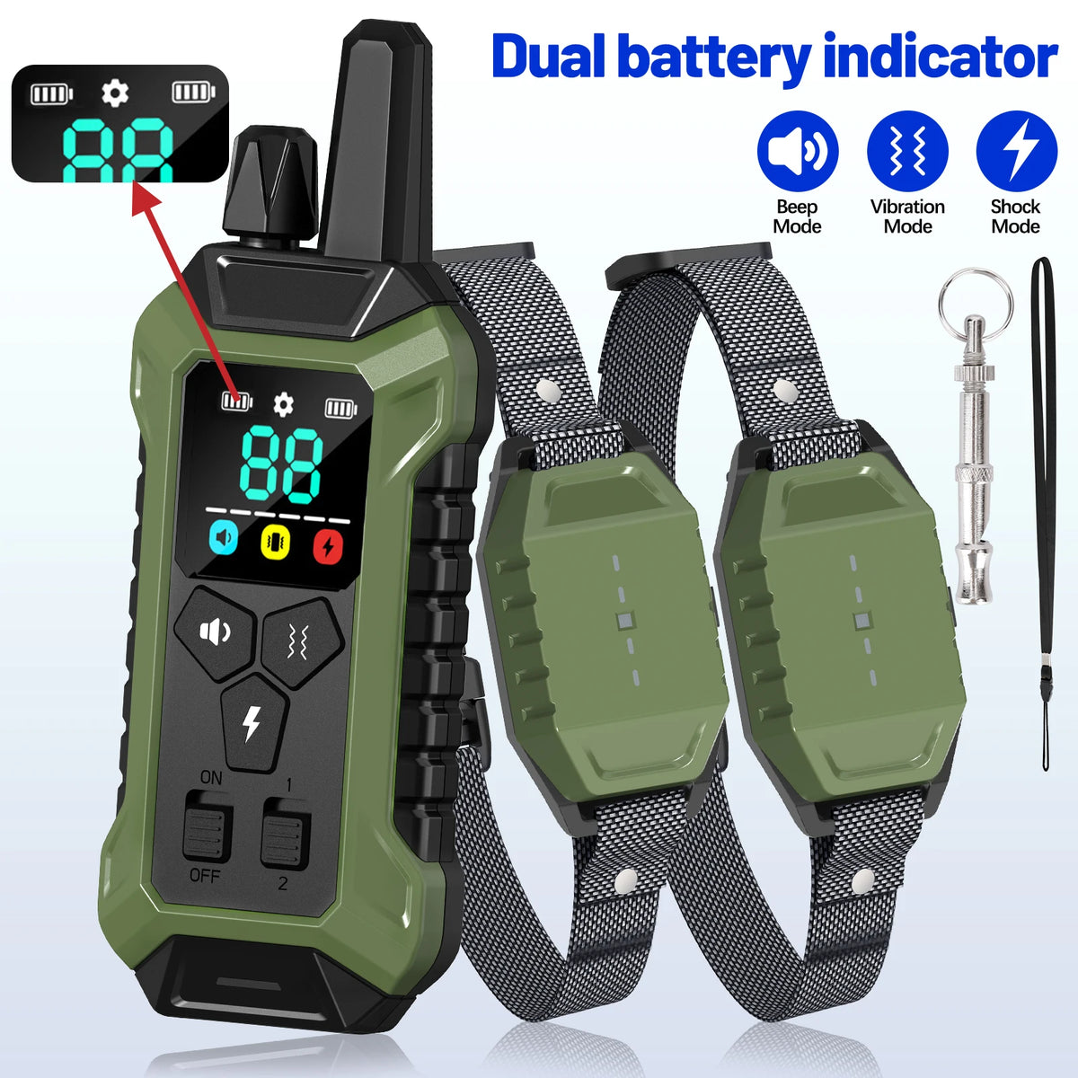 Grillerotes Hundetrainer-Halsband mit Dual-Batterieanzeige und Haltergurten.