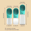 A set of three portable leakproof dog water bottles in teal and white, with sizes S, M, and L, showing dimensions.