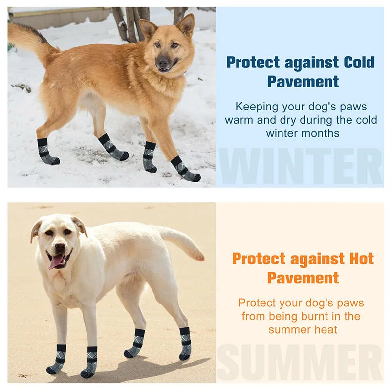 A set of anti-slip dog traction socks designed to protect paws from cold pavement and hot pavement.