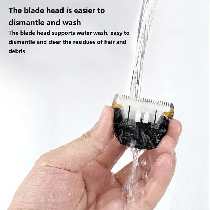 A hand holds a disassembled blade head of a pet hair clipper, showing its structure for washing and cleaning.