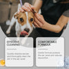 Una persona limpia suavemente el oído de un perro con gotas, destacando una limpieza efectiva y una fórmula cómoda.