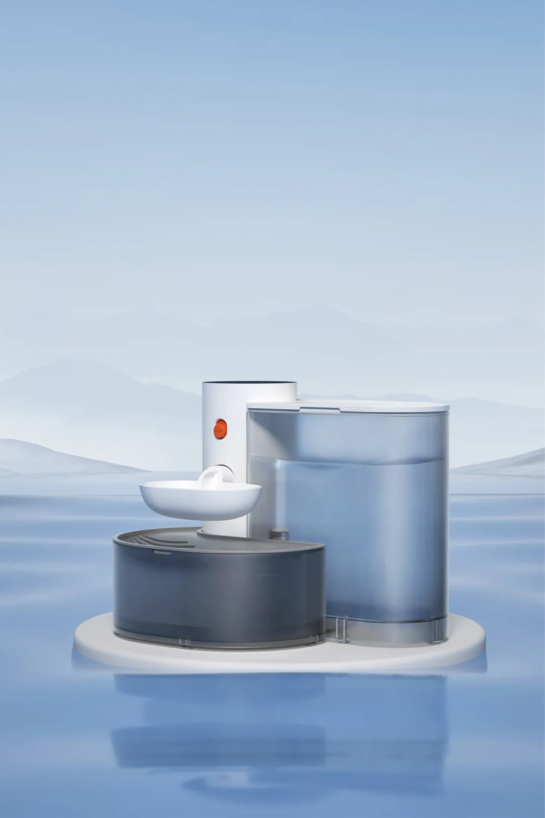 A modern, silver automatic pet drinking water dispenser is shown floating on a blue surface against a pale sky background.