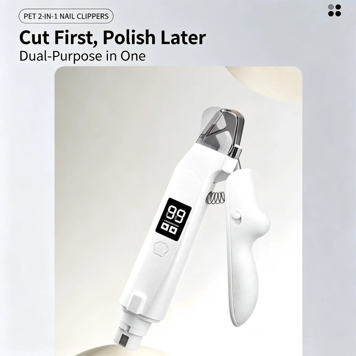 A white dual-purpose pet nail clipper and grinder tool is shown in a close-up view.