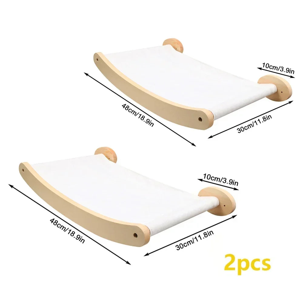 Two modular cat wall shelves with bridge and hammock in white and natural wood color.