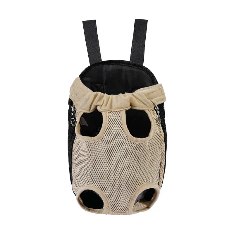 A beige mesh carrier backpack with black straps and fabric trim for cats and dogs.