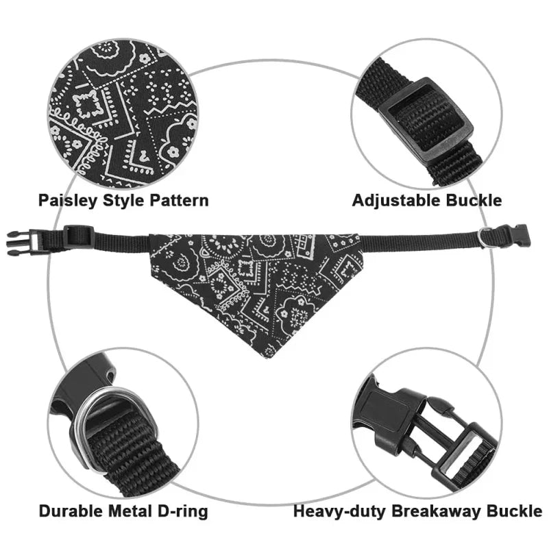 Schwarzes Bandana mit Paisley-Muster, verstellbarer Schnalle und Metall-D-Ring.