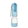 A light blue portable dog water bottle and food dispenser with a clear water reservoir and a silicone straw.