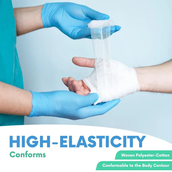 Hands wearing blue gloves are demonstrating the high-elasticity woven polyester-cotton gauze bandages conforming to a person'