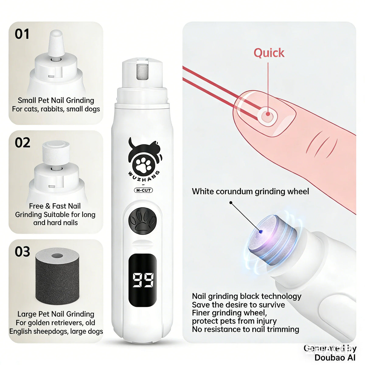 A white electric nail grinder with a grinding wheel and accessories for pets.