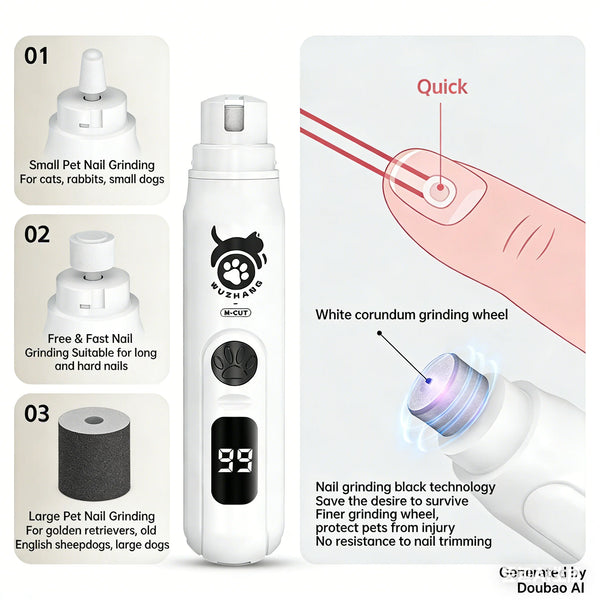A white electric nail grinder with a grinding wheel and accessories for pets.