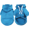 A pair of bright blue dog and cat zippered hoodies displayed side by side.