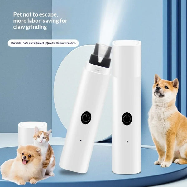 A white quiet rechargeable pet nail grinder is shown next to a small dog and a cat.