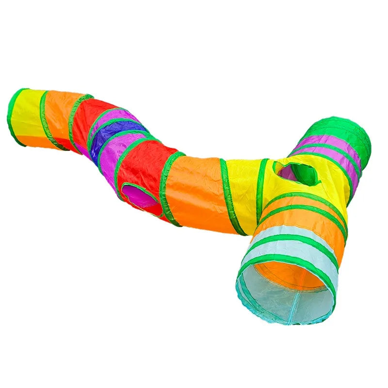 A colorful, flexible play tunnel for cats, featuring stripes of orange, green, pink, and yellow.