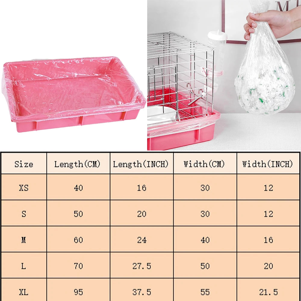 Set rosa Einweg-Deckel für Tierkäfige in verschiedenen Größen, neben einem durchsichtigen Drahtkäfig und einer Plastiktüte.