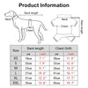 A chart showing sizes and corresponding back length and chest girth measurements for a dog jacket.