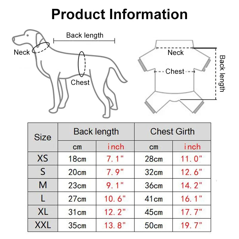 A chart showing sizes and corresponding back length and chest girth measurements for a dog jacket.