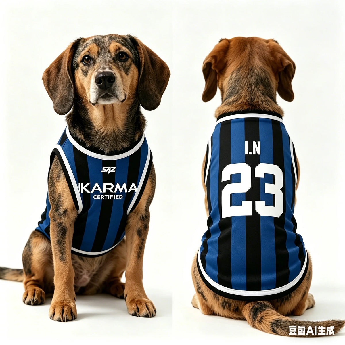 A brown dog wearing a blue and black striped tank top sits for a photo.