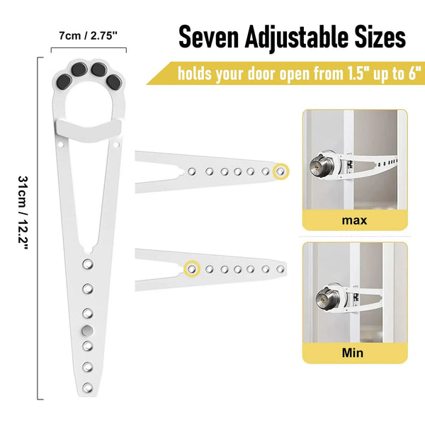 A white adjustable cat door latch with seven sizes holds a door open from 1.5 to 6 inches.