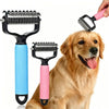 A golden retriever is being groomed with a pink pet detangling comb and a blue one.