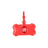 Dispenser portátil para bolsas de basura de mascotas con forma de hueso rojo y clip de remolque.