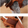 A brown suede cowboy jacket costume for a dog, shown in detail.