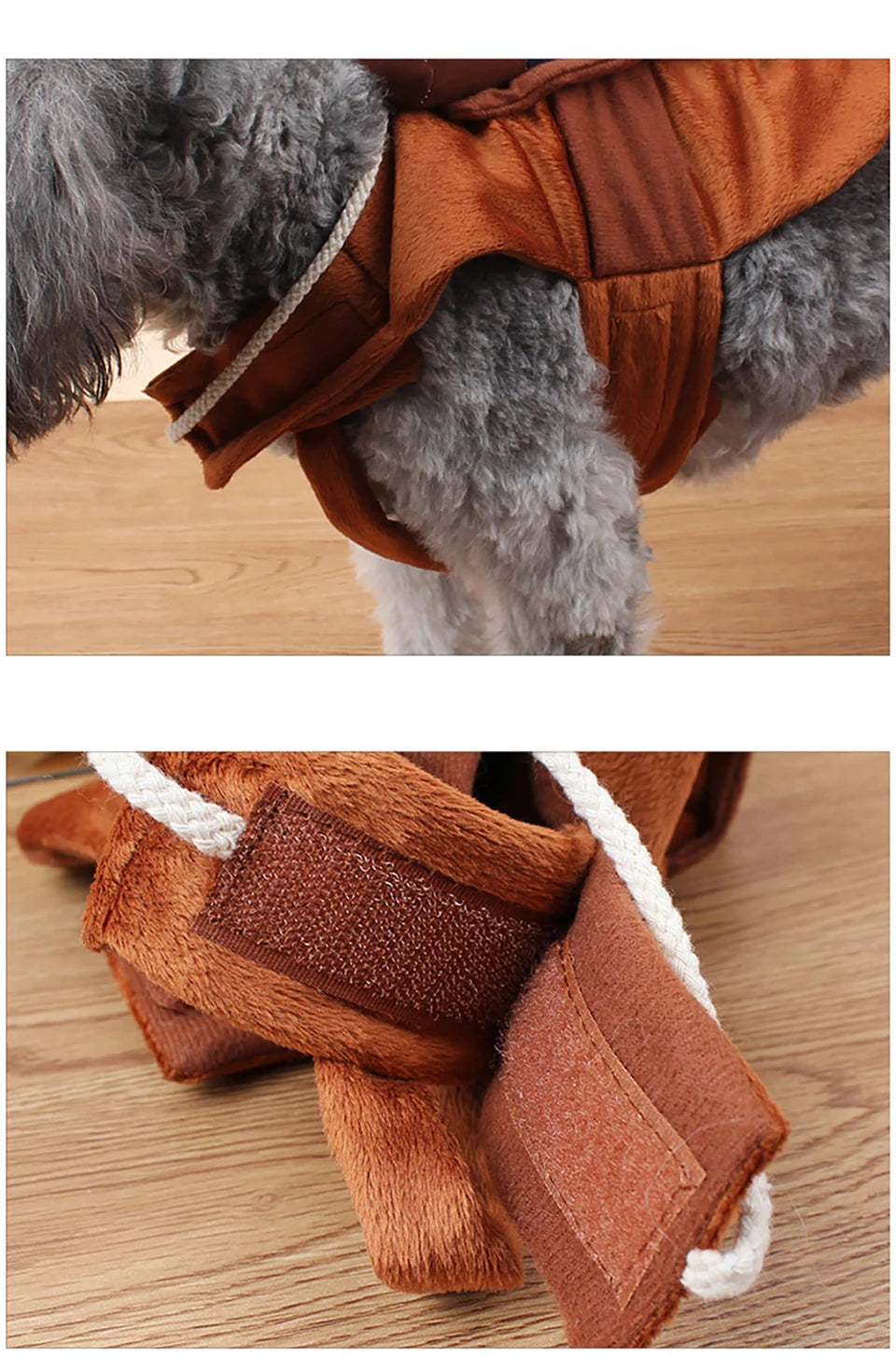 A brown suede cowboy jacket costume for a dog, shown in detail.