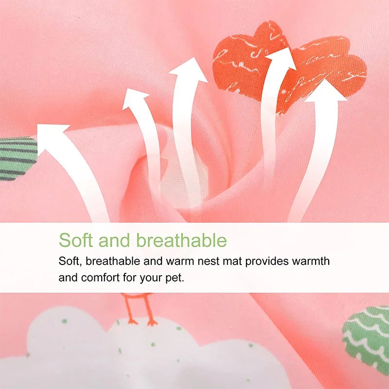 Pink breathable nest mat with arrows indicating warmth and comfort for a pet.