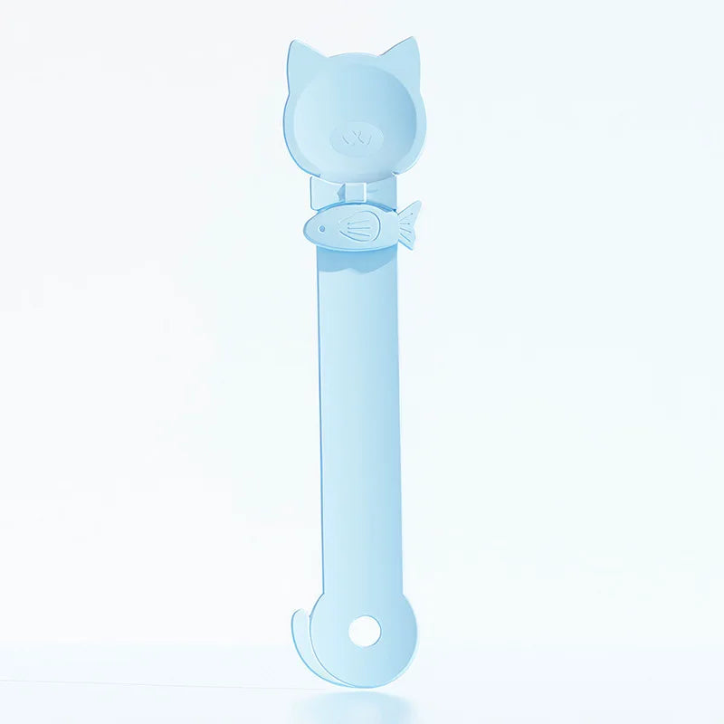 A light blue long-handled pet food dispensing spoon with a cat head design.