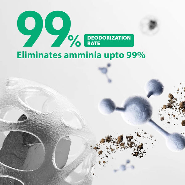 A close-up of white powder and particles floating in the air, illustrating a 99% deodorization rate.
