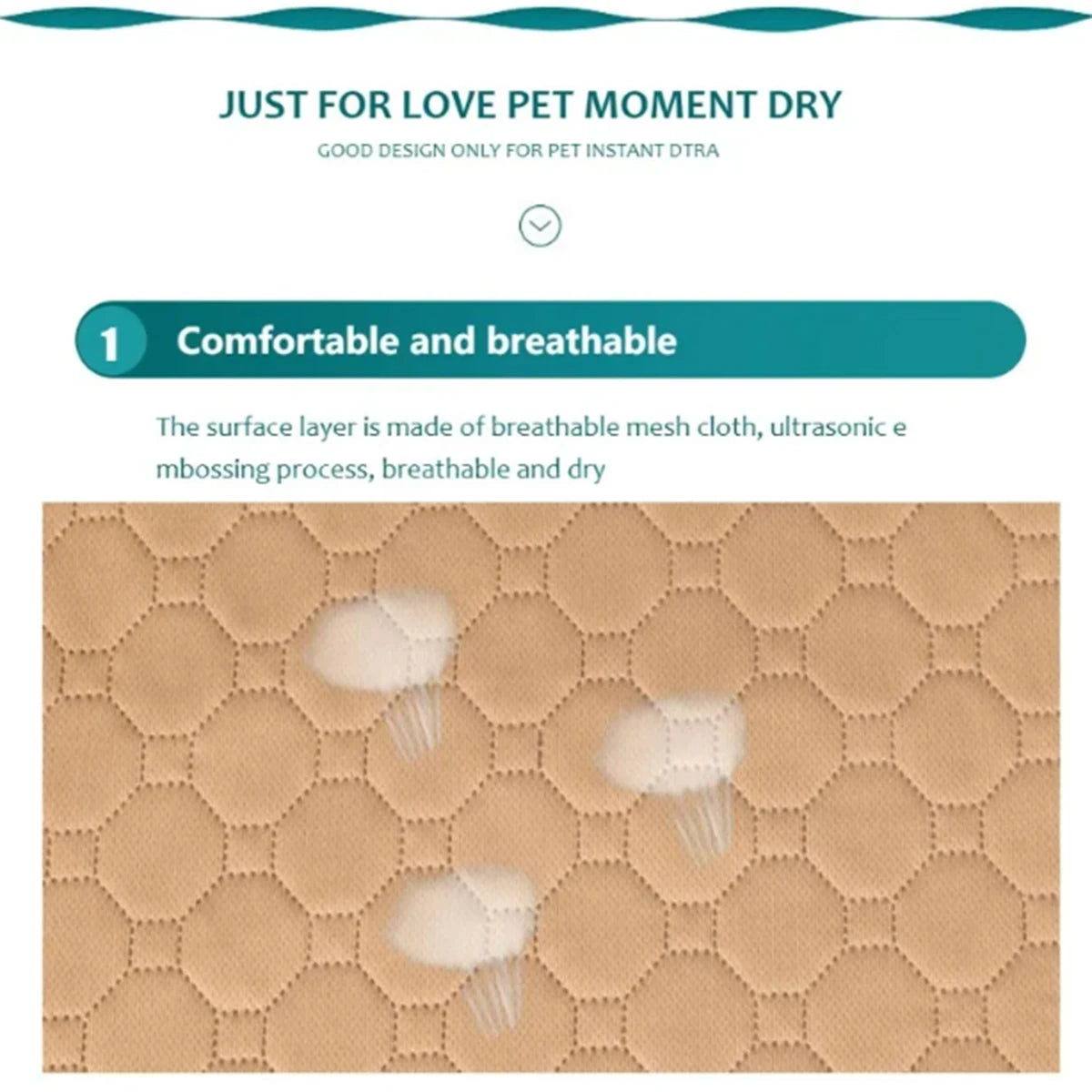 A close-up view of a beige, breathable mesh pet training mat with white, fluffy inserts.