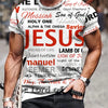 A man wearing a white t-shirt with various religious words printed on it, standing outdoors.