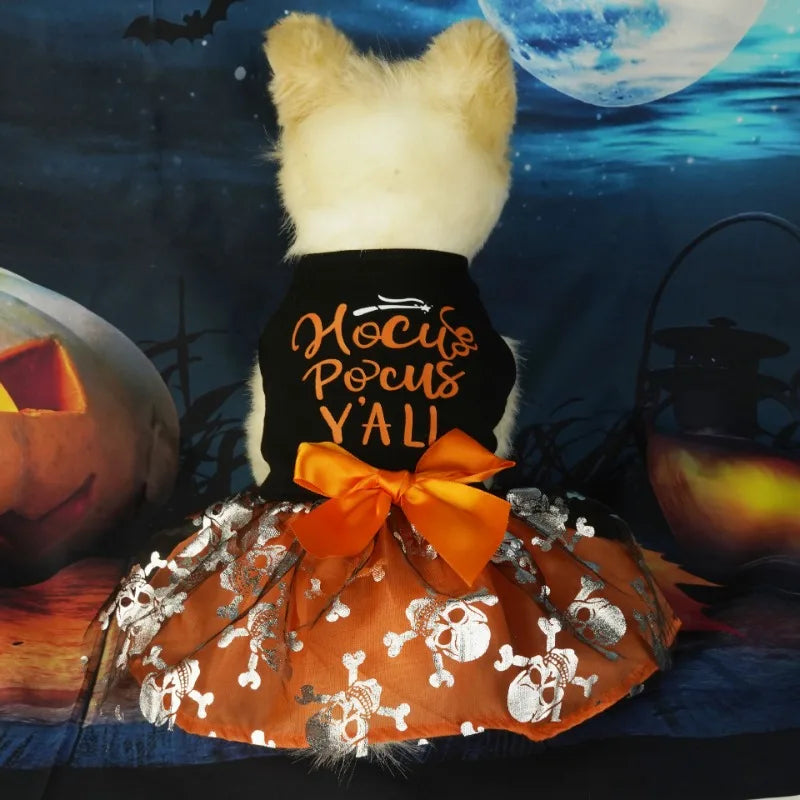A fluffy white dog wearing an orange and silver Halloween princess dress with a bow against a dark background.